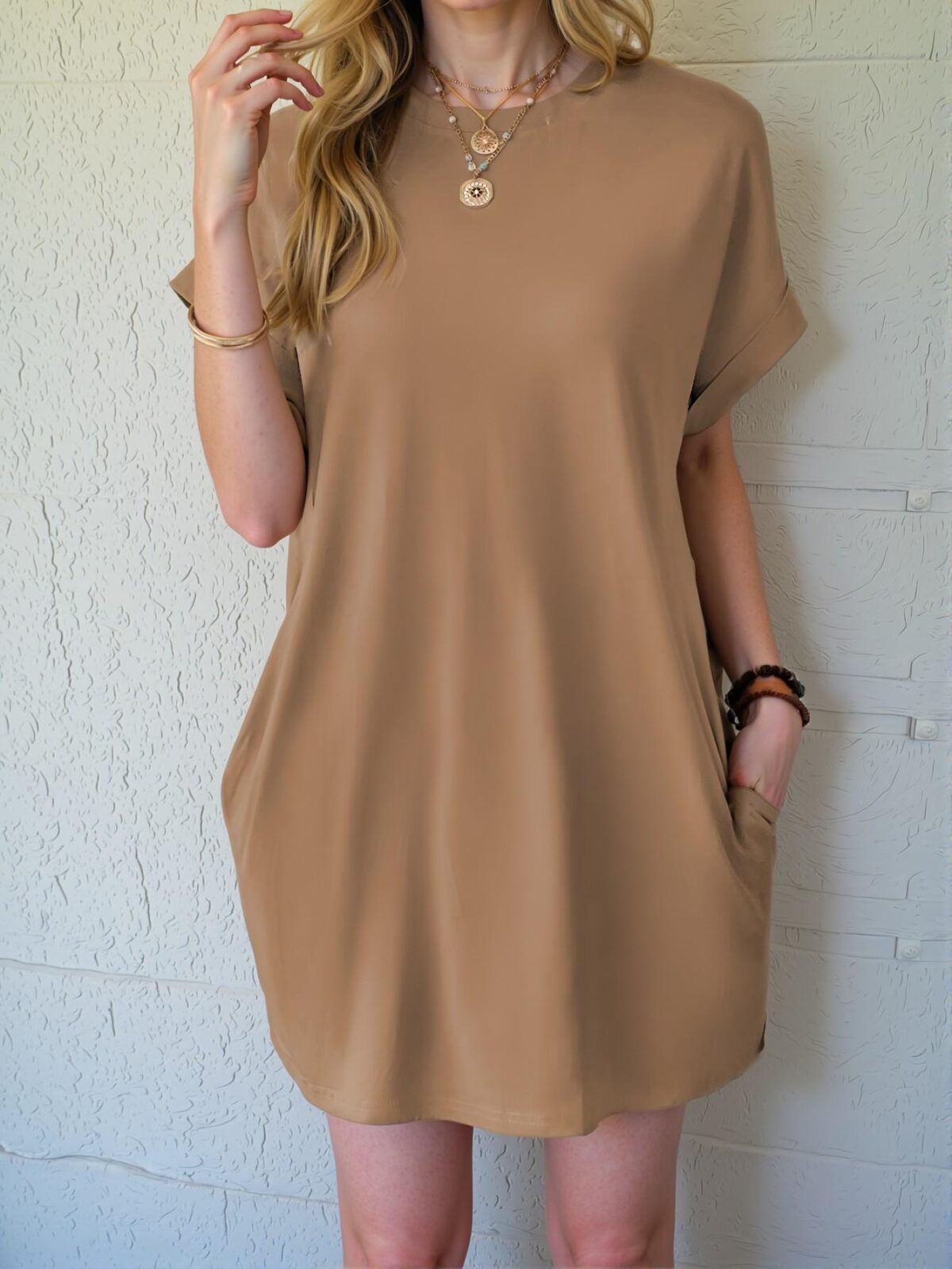 Chic Khaki Effortless Batwing Sleeve Tee Dress Perfect for Warm Weather - Stylish, Classy, and Trendy Fashion to Dress to Impress - Image 3