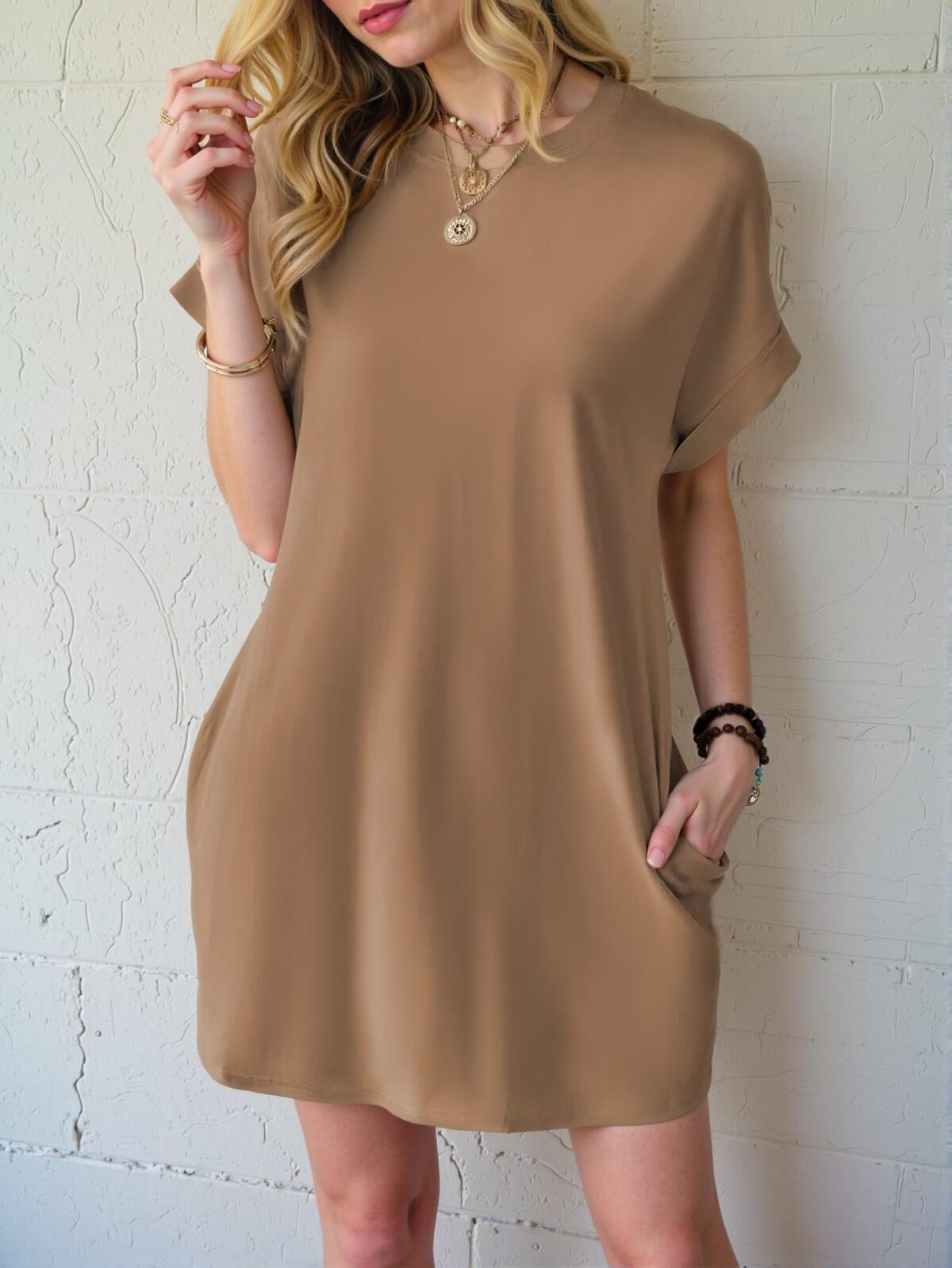 Chic Khaki Effortless Batwing Sleeve Tee Dress Perfect for Warm Weather - Stylish, Classy, and Trendy Fashion to Dress to Impress - Image 4
