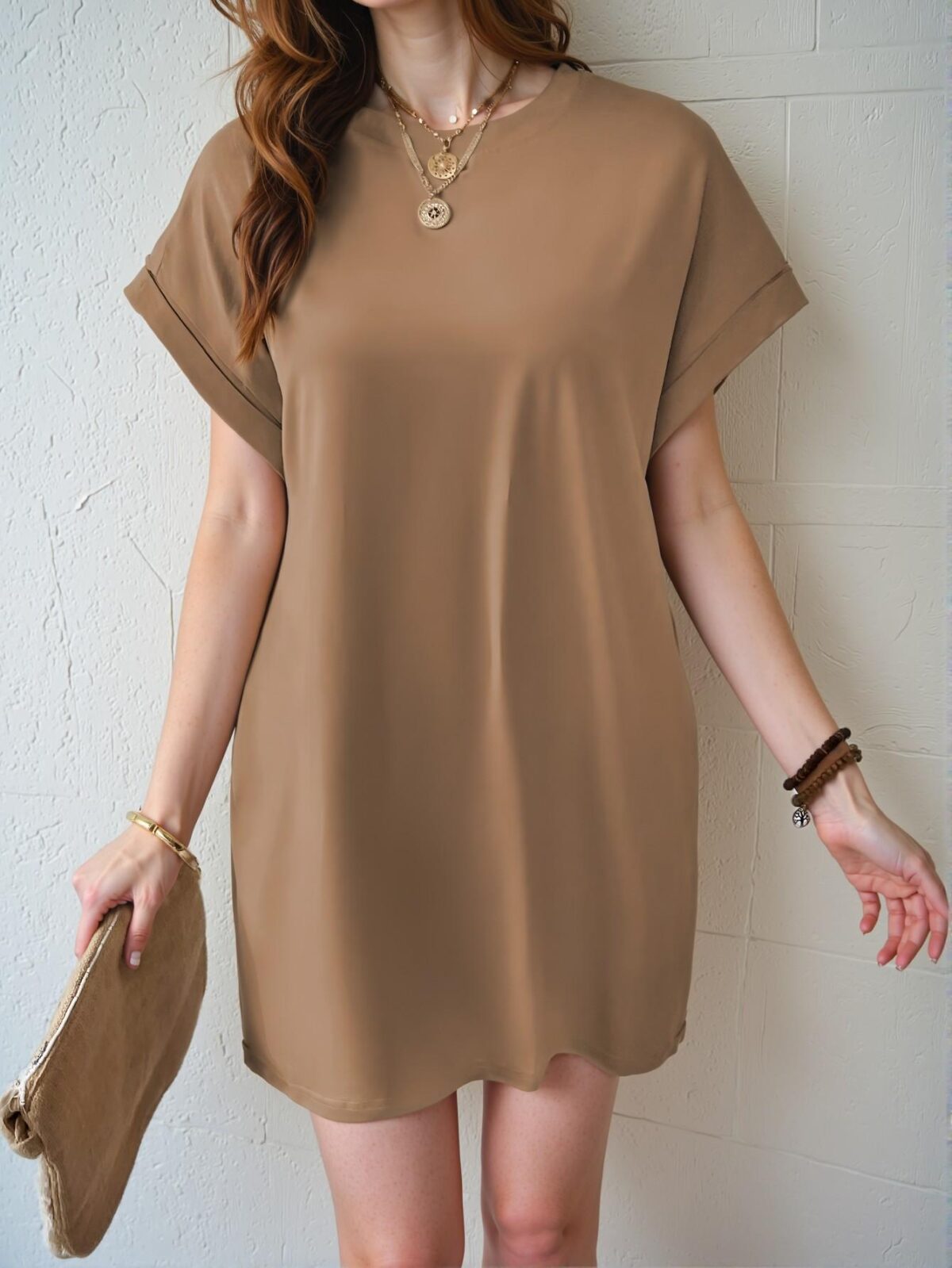 Chic Khaki Effortless Batwing Sleeve Tee Dress Perfect for Warm Weather - Stylish, Classy, and Trendy Fashion to Dress to Impress - Image 5