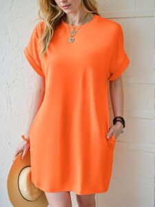 Elegant Orange Casual Short Sleeve Dress with Pockets for Spring and Summer - Chic, Classy, and Trendy Fashion Style to Dress to Impress