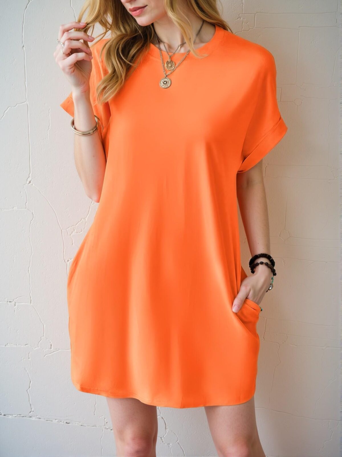 Elegant Orange Casual Short Sleeve Dress with Pockets for Spring and Summer - Chic, Classy, and Trendy Fashion Style to Dress to Impress - Image 3