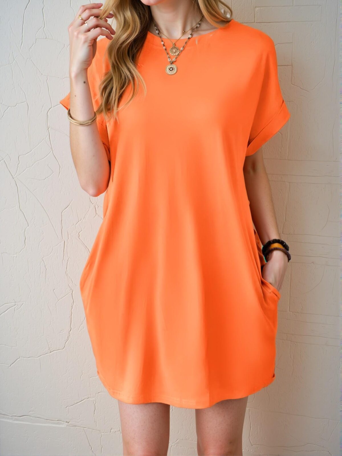 Elegant Orange Casual Short Sleeve Dress with Pockets for Spring and Summer - Chic, Classy, and Trendy Fashion Style to Dress to Impress - Image 4