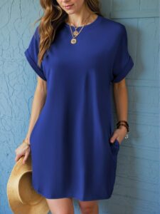Elegant Royal Blue Effortless Pocket Batwing Sleeve Tee Dress for Warm Seasons - Chic, Classy and Trendy Fashion Style to Dress to Impress