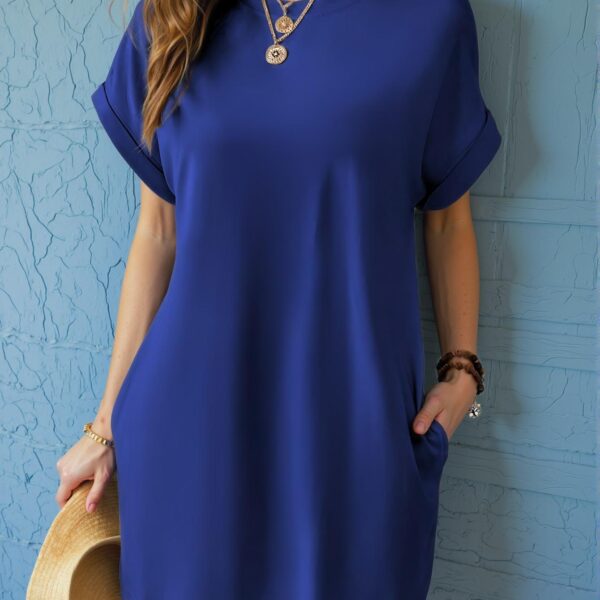 Elegant Royal Blue Effortless Pocket Batwing Sleeve Tee Dress for Warm Seasons - Chic, Classy and Trendy Fashion Style to Dress to Impress