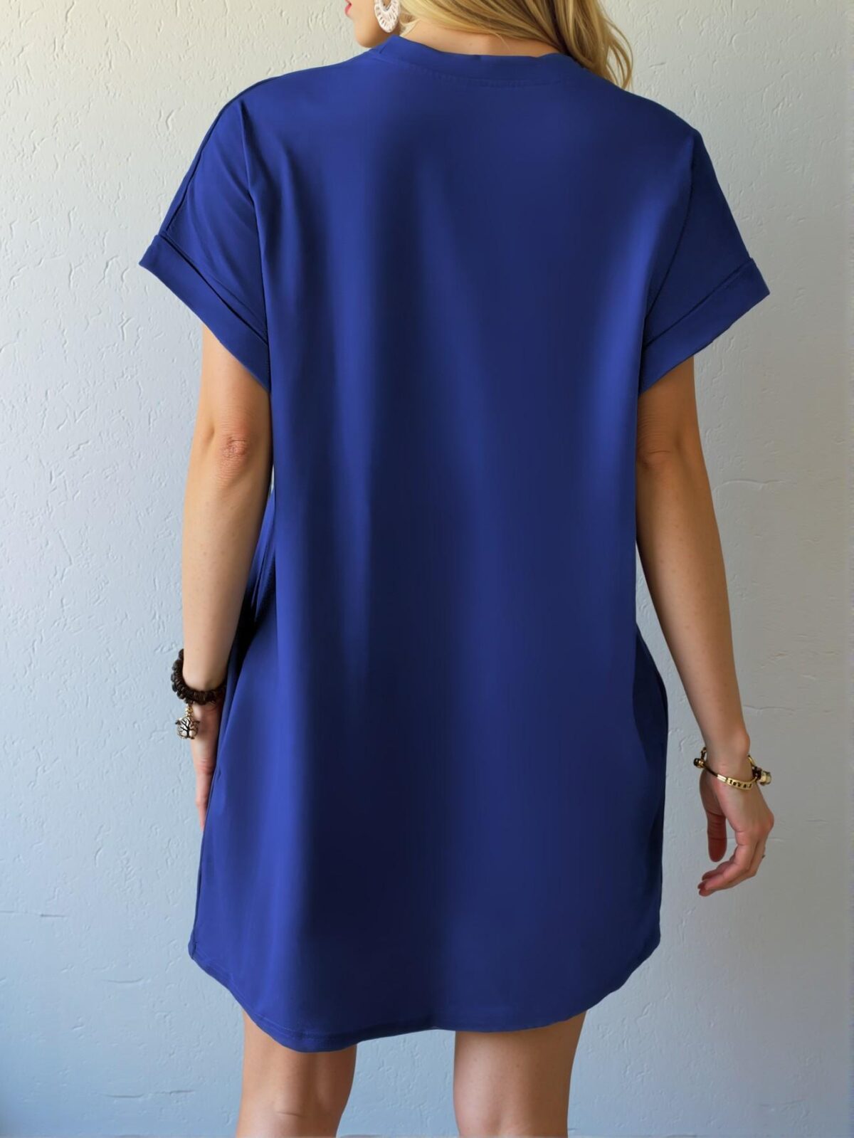 Elegant Royal Blue Effortless Pocket Batwing Sleeve Tee Dress for Warm Seasons - Chic, Classy and Trendy Fashion Style to Dress to Impress - Image 2