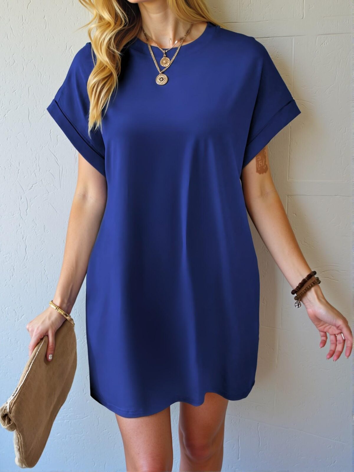 Elegant Royal Blue Effortless Pocket Batwing Sleeve Tee Dress for Warm Seasons - Chic, Classy and Trendy Fashion Style to Dress to Impress - Image 3