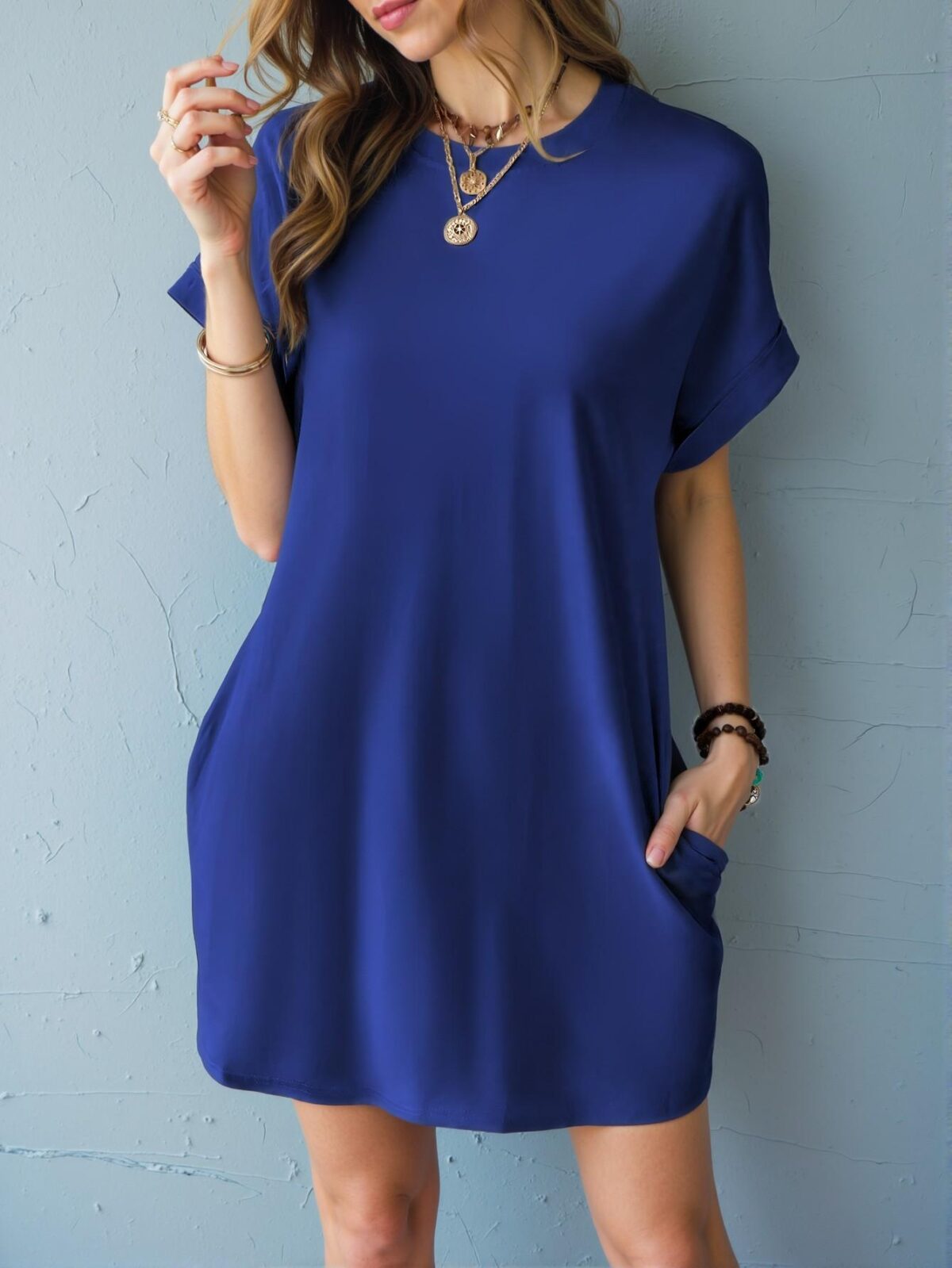 Elegant Royal Blue Effortless Pocket Batwing Sleeve Tee Dress for Warm Seasons - Chic, Classy and Trendy Fashion Style to Dress to Impress - Image 5