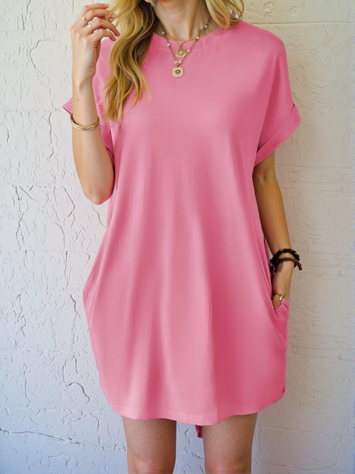 Elegant Coral Pink Casual Loose Tee Dress Perfect for Spring and Summer - Chic, Classy and Trendy Fashion Style to Dress to Impress - Image 4