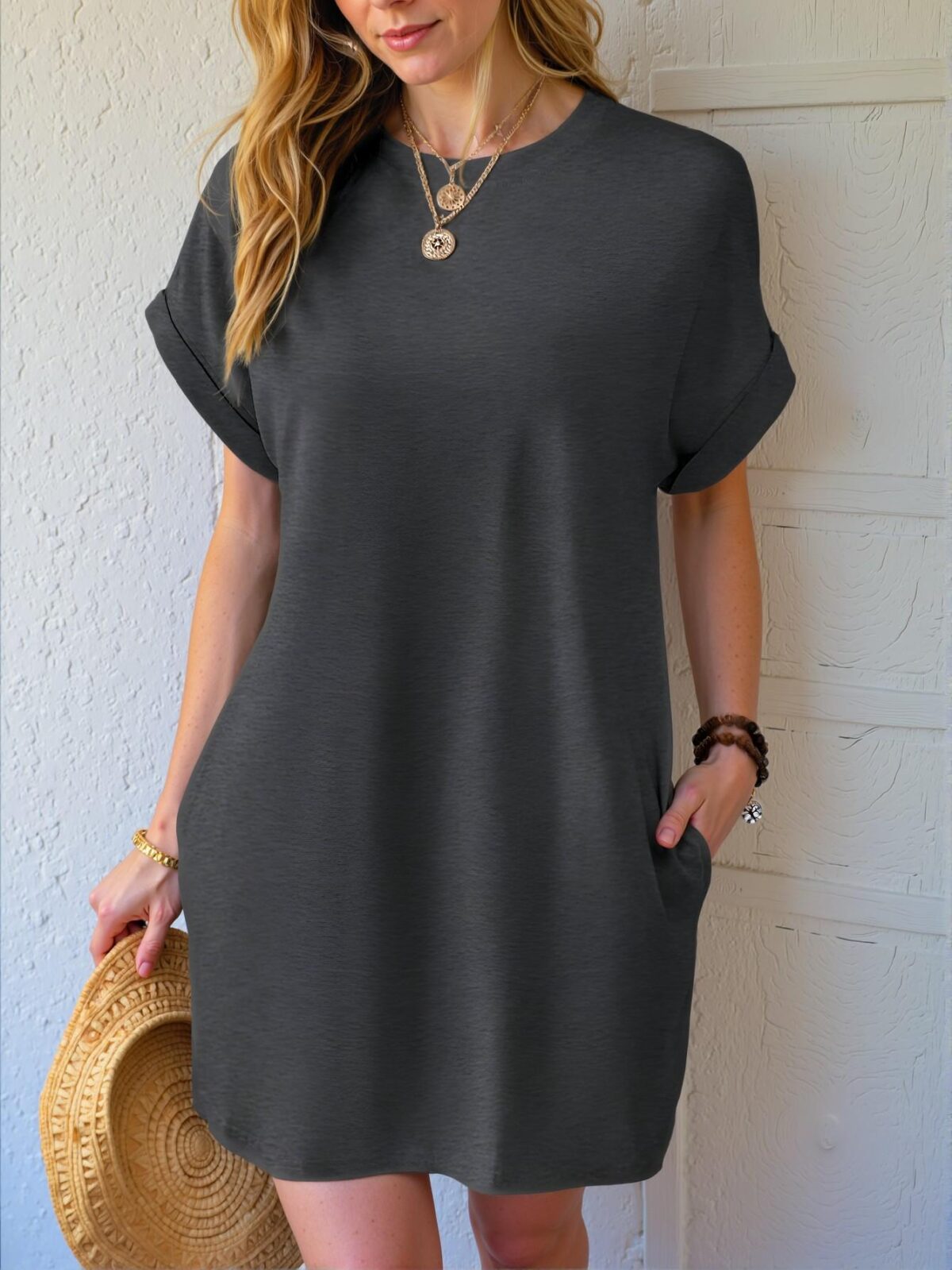 Elegant Light Grey Casual Batwing Sleeve Dress with Diagonal Pockets for Spring and Summer - Chic, Classy, and Trendy Fashion Style to Dress to Impress