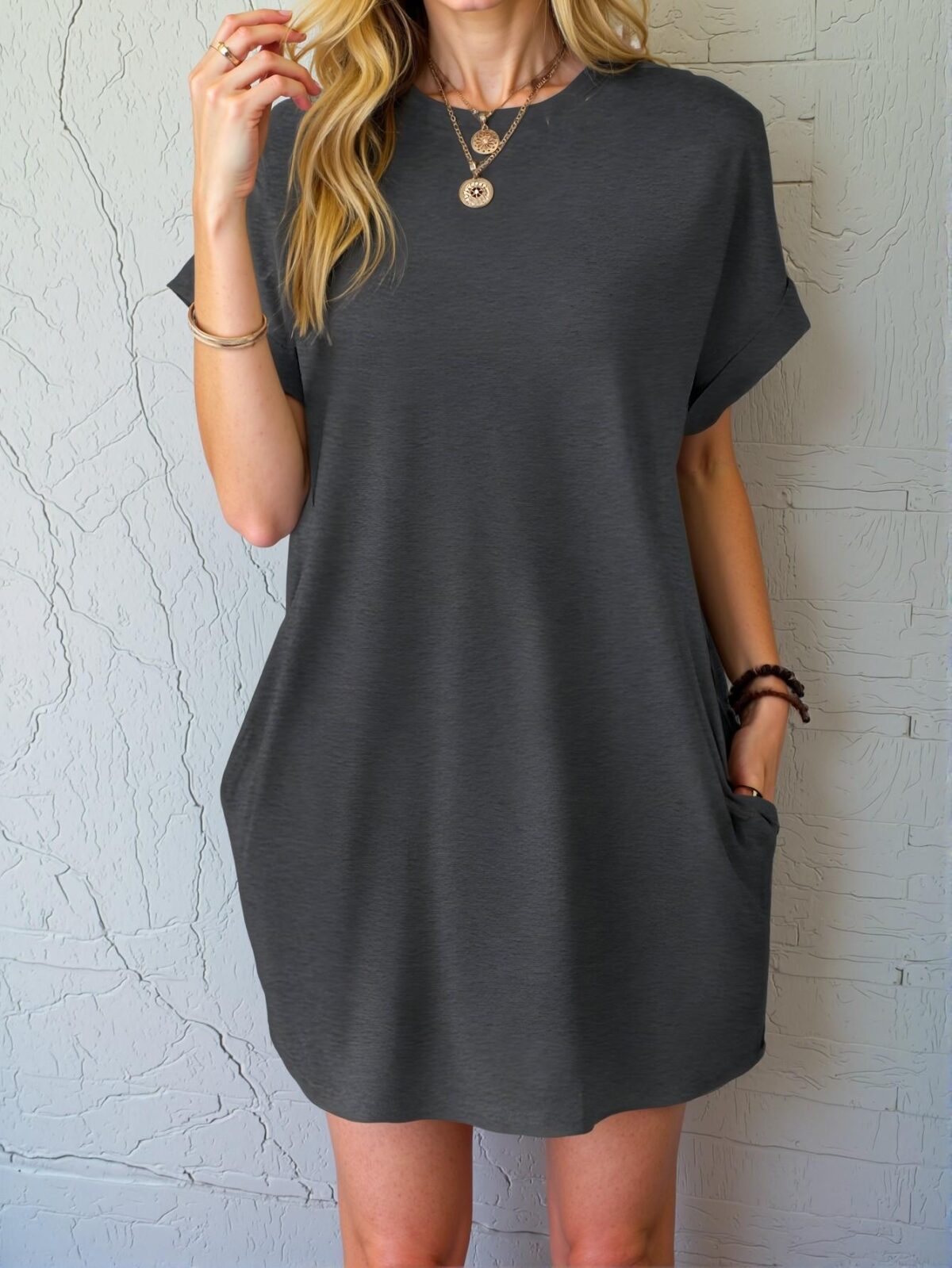 Elegant Light Grey Casual Batwing Sleeve Dress with Diagonal Pockets for Spring and Summer - Chic, Classy, and Trendy Fashion Style to Dress to Impress - Image 3