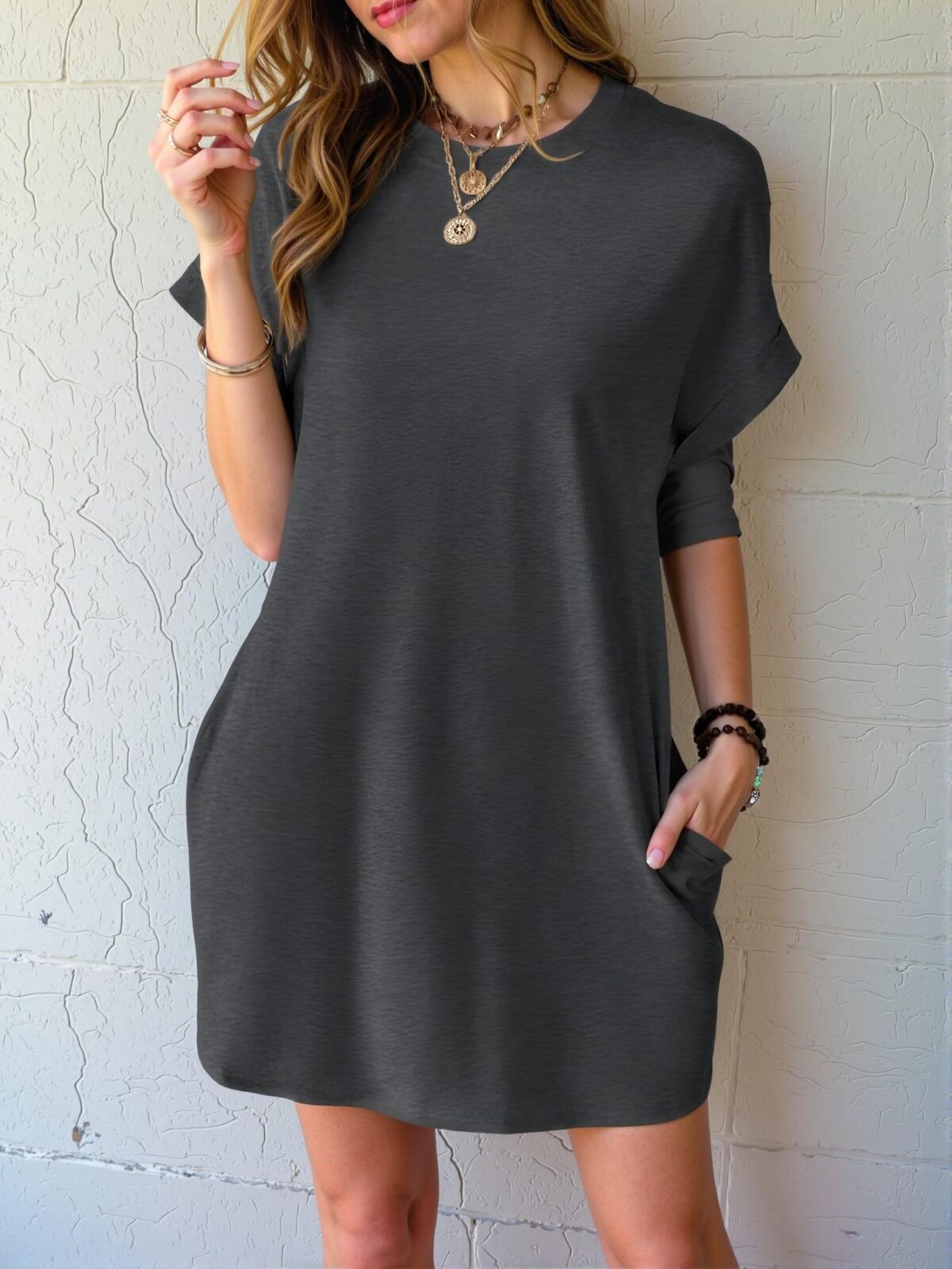 Elegant Light Grey Casual Batwing Sleeve Dress with Diagonal Pockets for Spring and Summer - Chic, Classy, and Trendy Fashion Style to Dress to Impress - Image 4