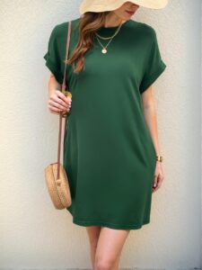 Elegant Dark Green Batwing Sleeve Tee Dress for Warm Weather Chic, Classy and Trendy Fashion Style to Dress to Impress
