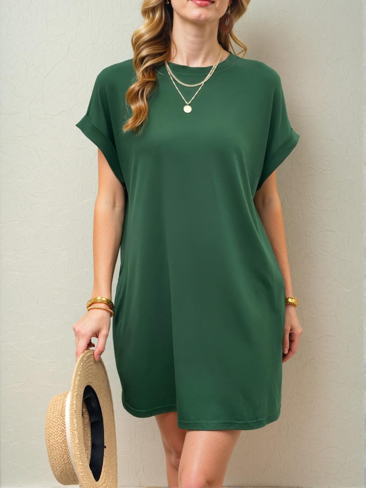 Elegant Dark Green Batwing Sleeve Tee Dress for Warm Weather Chic, Classy and Trendy Fashion Style to Dress to Impress - Image 3