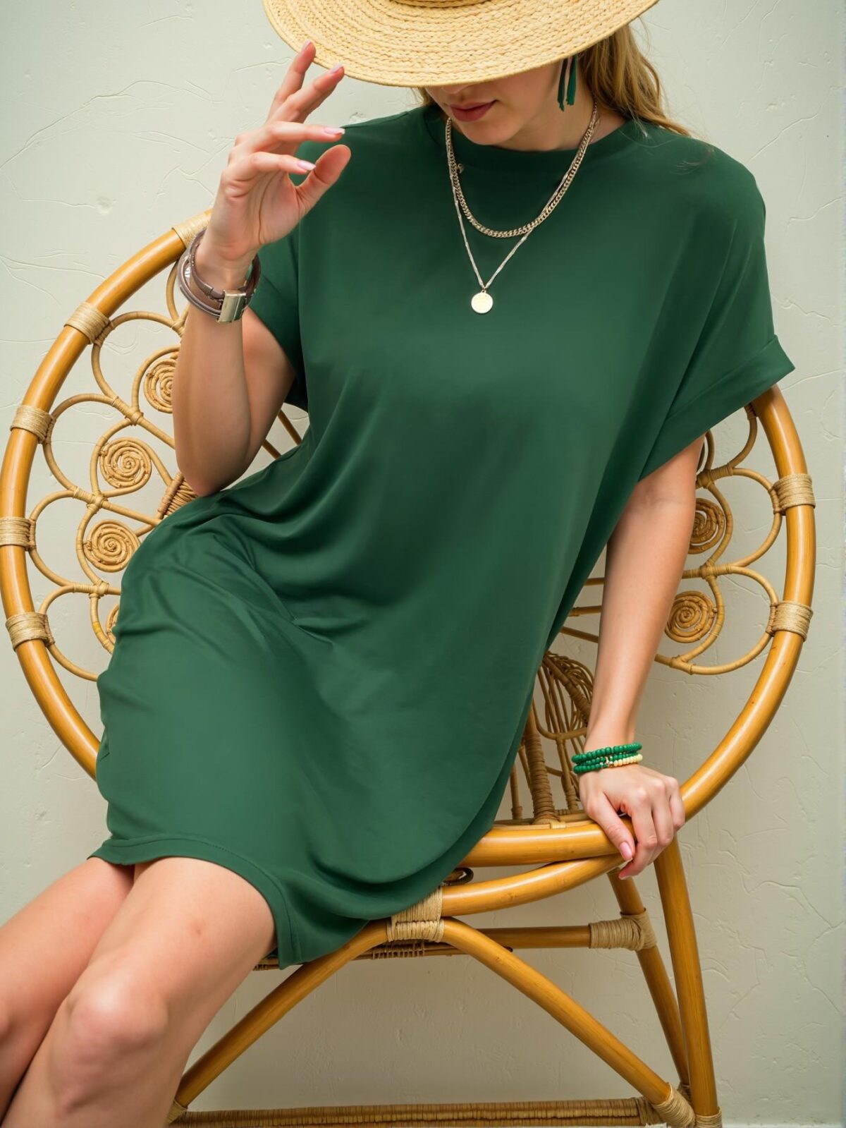 Elegant Dark Green Batwing Sleeve Tee Dress for Warm Weather Chic, Classy and Trendy Fashion Style to Dress to Impress - Image 4