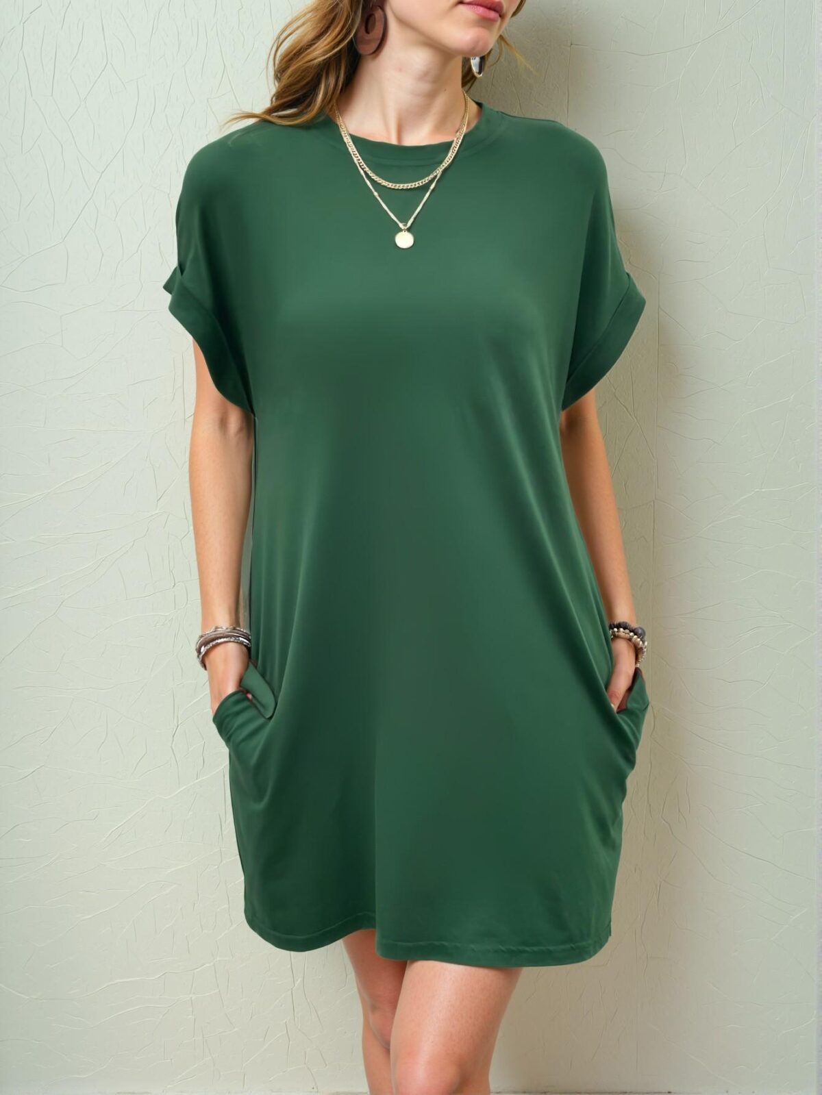 Elegant Dark Green Batwing Sleeve Tee Dress for Warm Weather Chic, Classy and Trendy Fashion Style to Dress to Impress - Image 5
