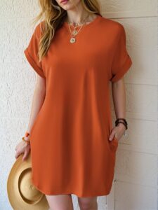 Elegant Burnt Orange Effortless Batwing Sleeve Tee Dress with Hidden Pockets for Spring and Summer Chic, Classy and Trendy Fashion Style to Dress to Impress