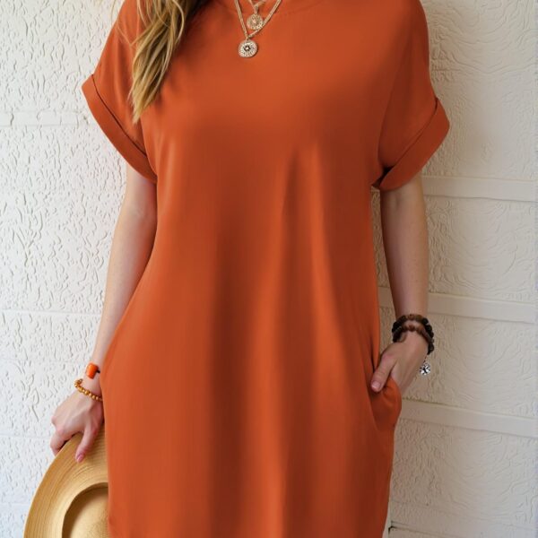 Elegant Burnt Orange Effortless Batwing Sleeve Tee Dress with Hidden Pockets for Spring and Summer Chic, Classy and Trendy Fashion Style to Dress to Impress