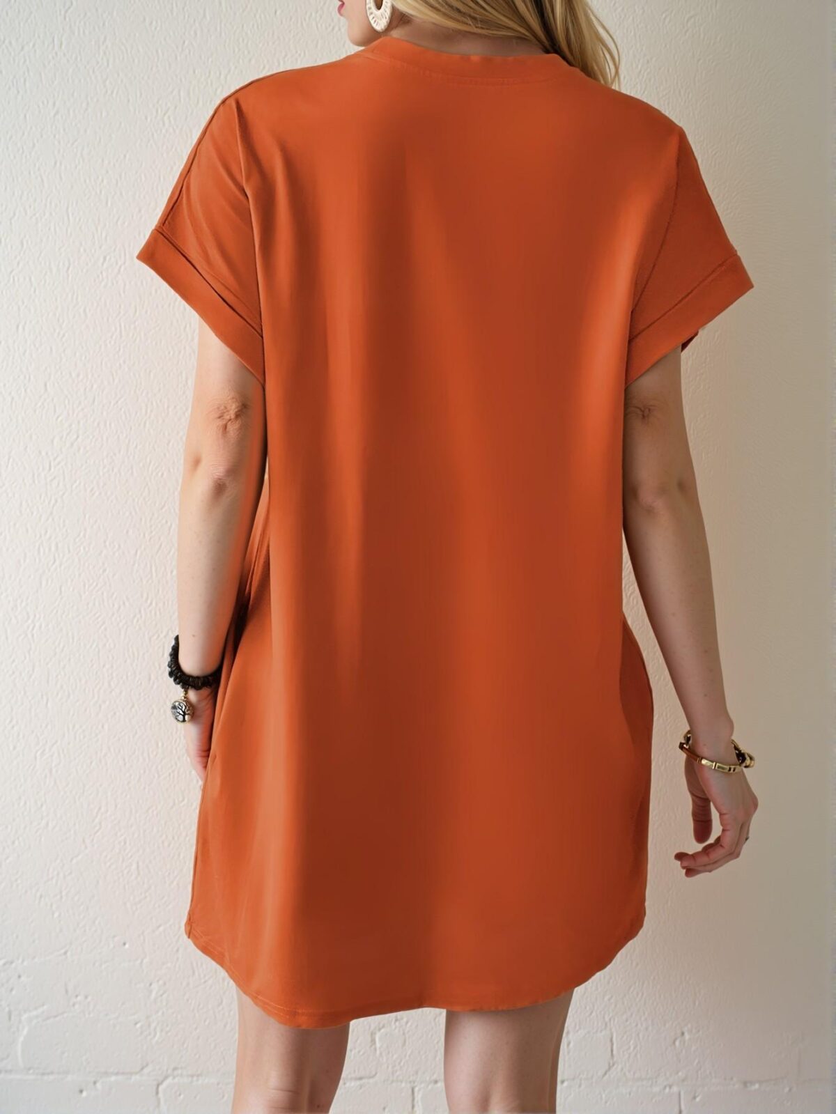 Elegant Burnt Orange Effortless Batwing Sleeve Tee Dress with Hidden Pockets for Spring and Summer Chic, Classy and Trendy Fashion Style to Dress to Impress - Image 2