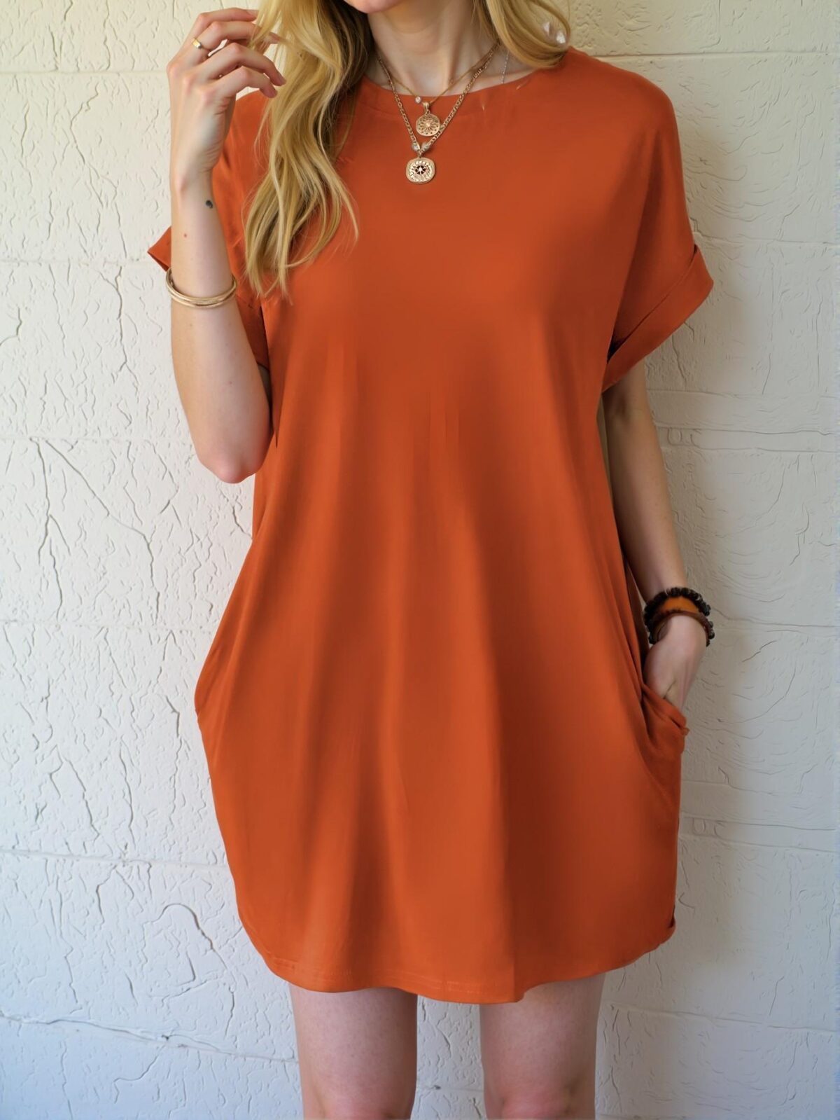 Elegant Burnt Orange Effortless Batwing Sleeve Tee Dress with Hidden Pockets for Spring and Summer Chic, Classy and Trendy Fashion Style to Dress to Impress - Image 3