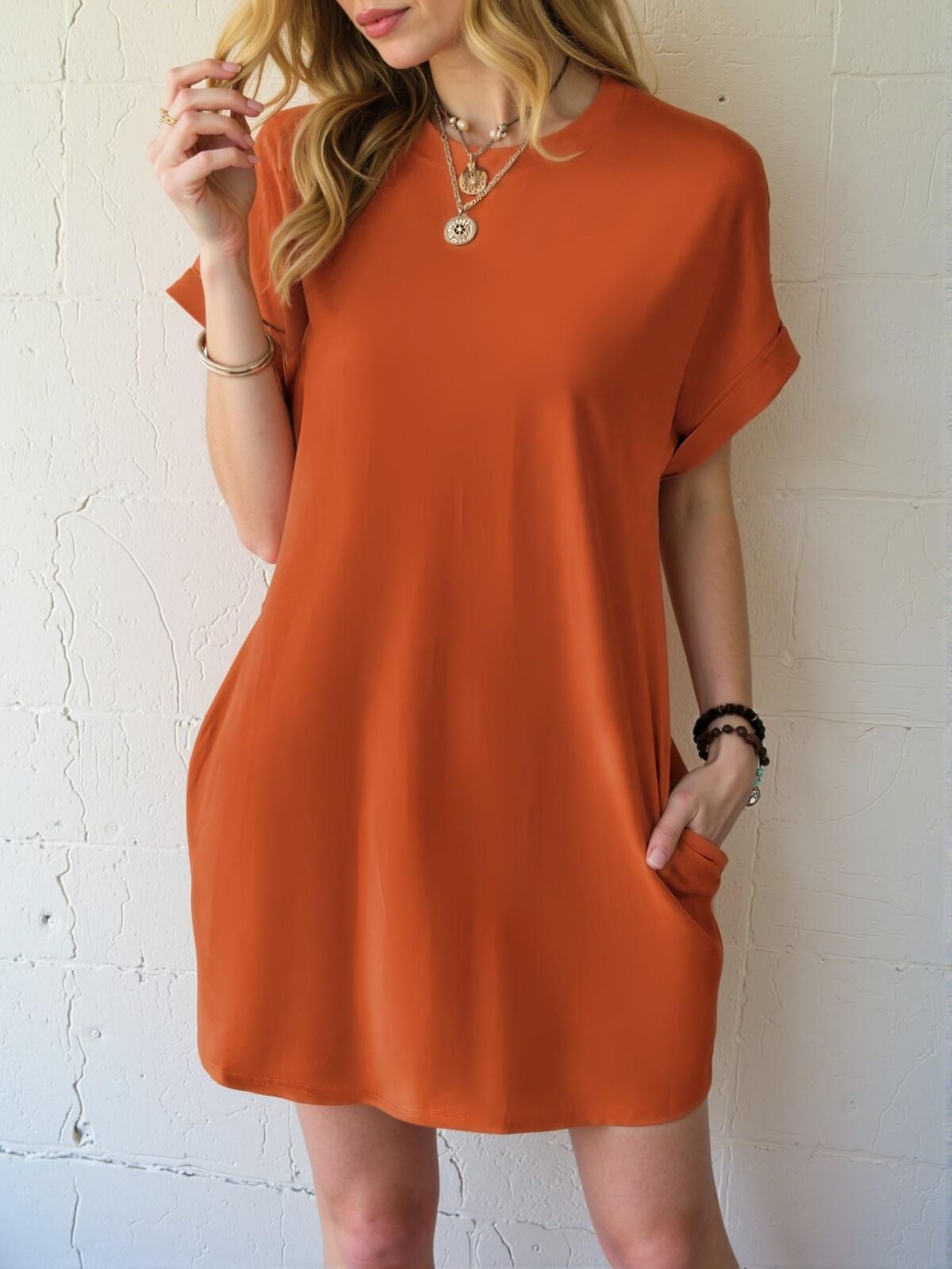 Elegant Burnt Orange Effortless Batwing Sleeve Tee Dress with Hidden Pockets for Spring and Summer Chic, Classy and Trendy Fashion Style to Dress to Impress - Image 5
