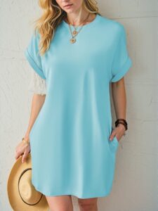 Elegant Baby Blue Casual Round Neck Batwing Sleeve Dress for Spring and Summer - Chic, Classy and Trendy Fashion Style to Dress to Impress