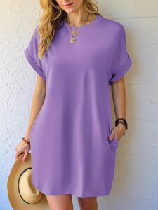 Elegant Lilac Purple Casual Batwing Sleeve Tee Dress with Hidden Pockets for Spring and Summer - Chic, Classy and Trendy Fashion Style to Dress to Impress