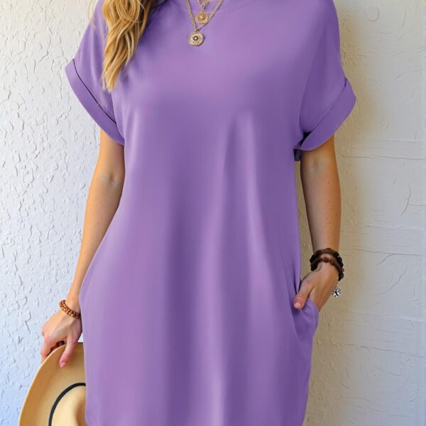 Elegant Lilac Purple Casual Batwing Sleeve Tee Dress with Hidden Pockets for Spring and Summer - Chic, Classy and Trendy Fashion Style to Dress to Impress