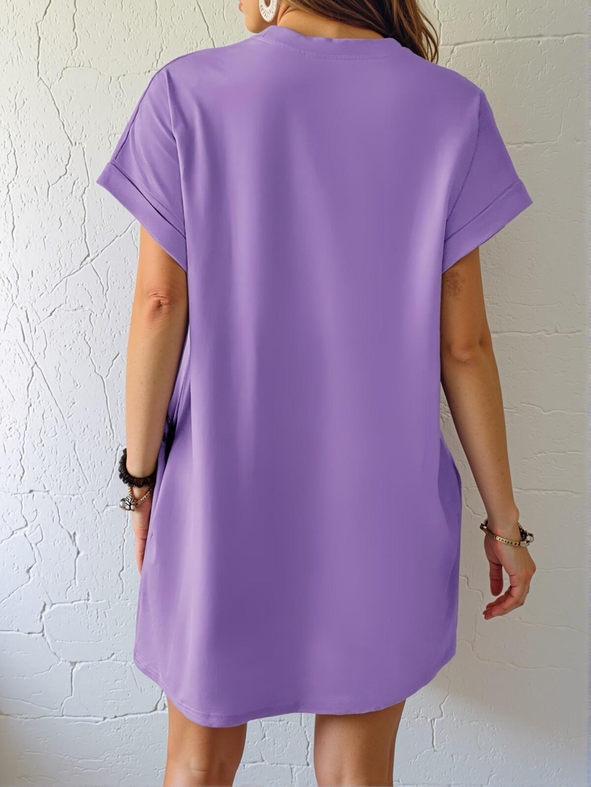 Elegant Lilac Purple Casual Batwing Sleeve Tee Dress with Hidden Pockets for Spring and Summer - Chic, Classy and Trendy Fashion Style to Dress to Impress - Image 2