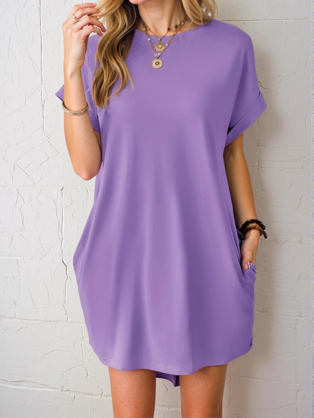 Elegant Lilac Purple Casual Batwing Sleeve Tee Dress with Hidden Pockets for Spring and Summer - Chic, Classy and Trendy Fashion Style to Dress to Impress - Image 4