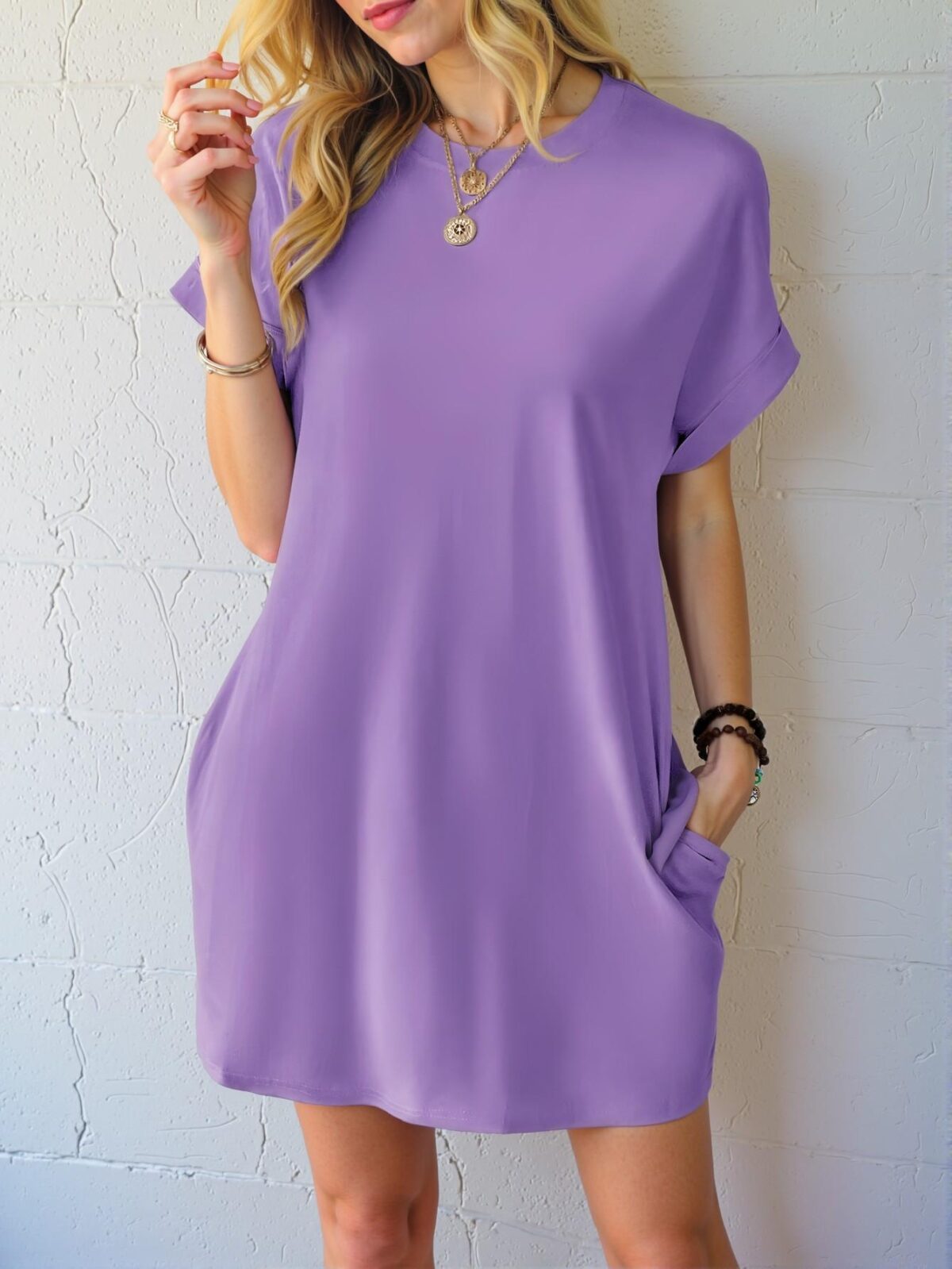 Elegant Lilac Purple Casual Batwing Sleeve Tee Dress with Hidden Pockets for Spring and Summer - Chic, Classy and Trendy Fashion Style to Dress to Impress - Image 5