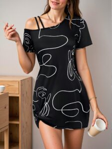 Elegant Black and White Asymmetrical Neck Twist Pleat Dress with Portrait Design for Casual Western Wear in Spring and Summer - Chic, Classy and Trendy Fashion Style to Dress to Impress