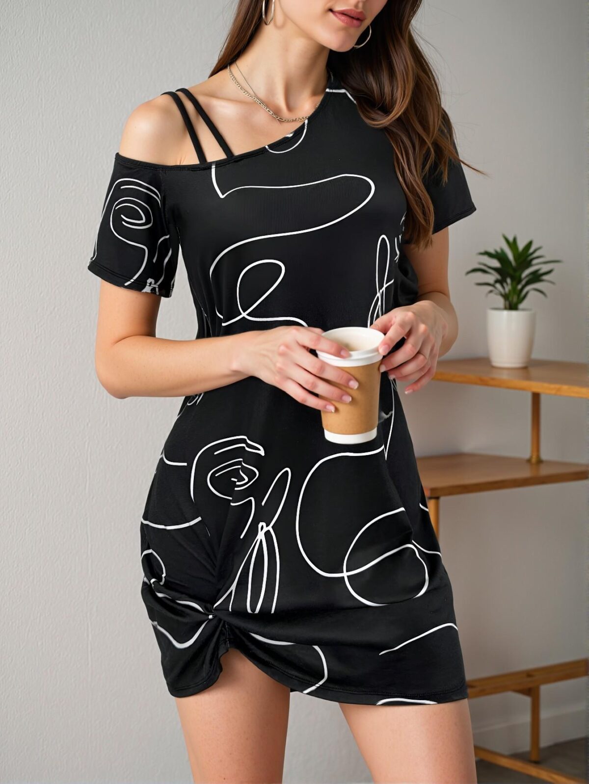 Elegant Black and White Asymmetrical Neck Twist Pleat Dress with Portrait Design for Casual Western Wear in Spring and Summer - Chic, Classy and Trendy Fashion Style to Dress to Impress - Image 3