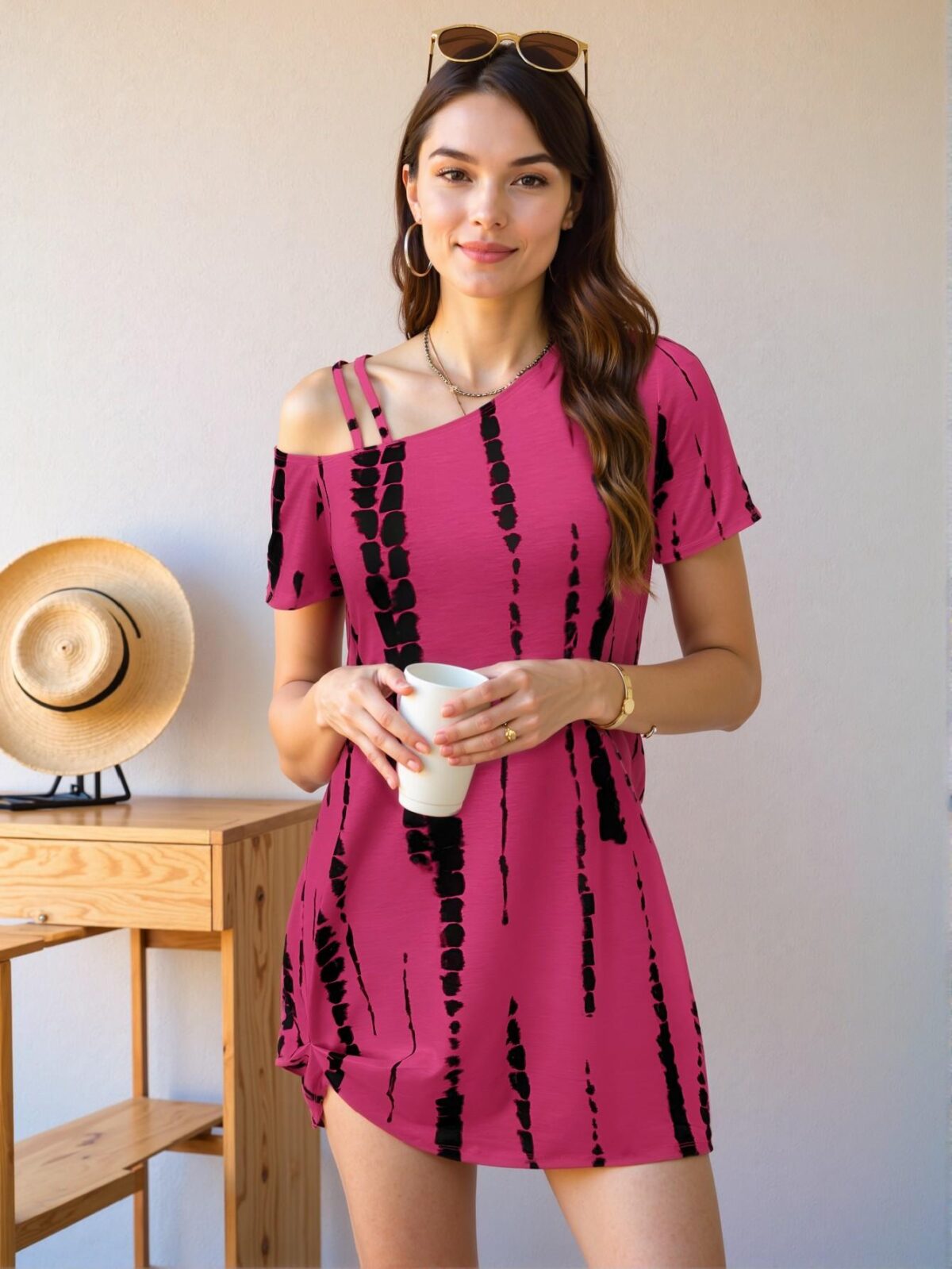 Elegant Hot Pink Trendy Twisted Hem Spaghetti Strap Mini Dress Perfect for Casual Spring and Summer Wear Chic, Classy and Trendy Fashion Style to Dress to Impress - Image 5