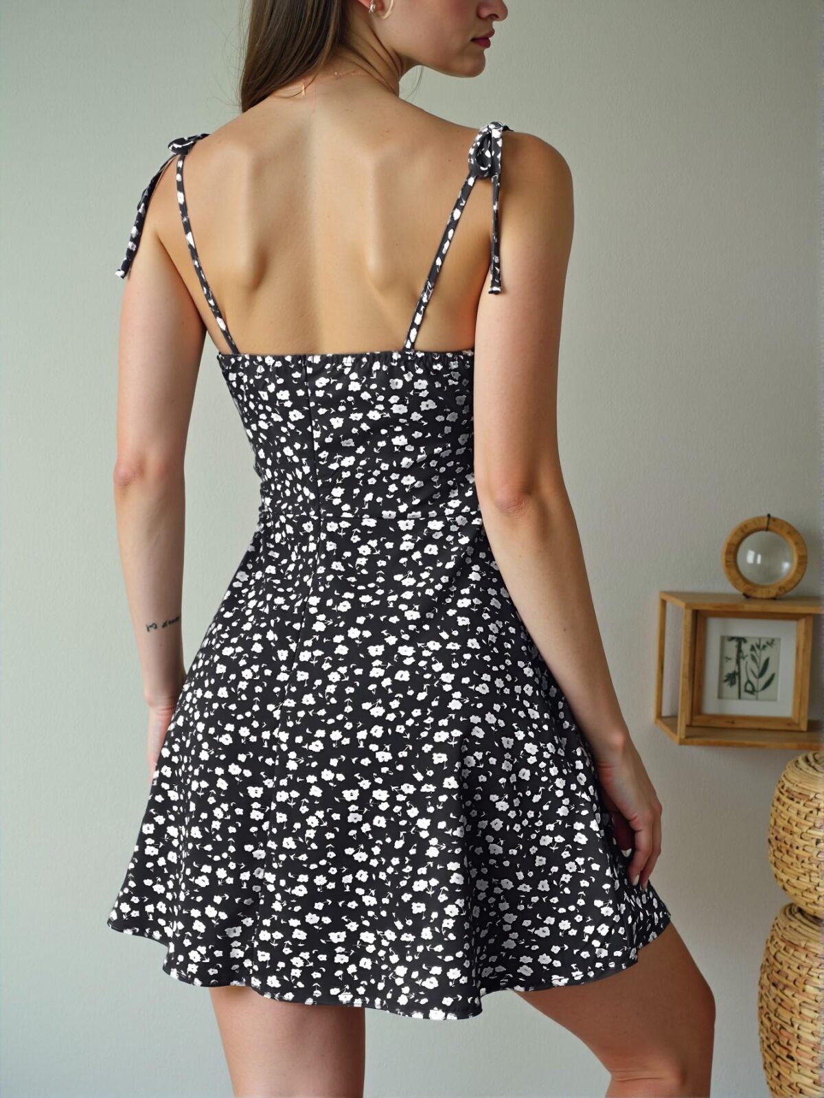 Elegant Black Boho Backless Ditsy Floral Cami Dress with Spaghetti Straps and Ruched Bust for Casual Spring/Summer Wear - Chic, Classy and Trendy Fashion Style to Dress to Impress - Image 2