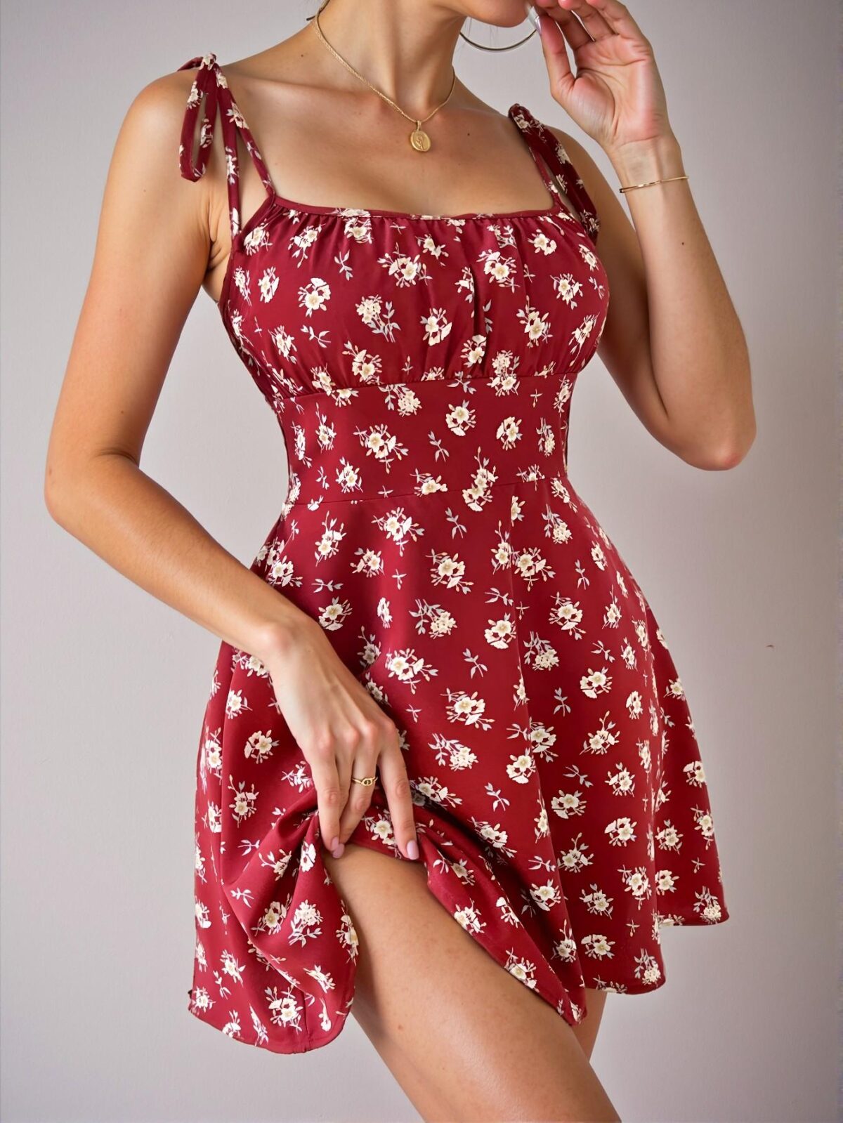 Elegant Red Boho Floral Ditsy Sundress with Shoulder Tie Straps for Stylish Spring and Summer Outings - Chic, Classy and Trendy Fashion Style to Dress to Impress