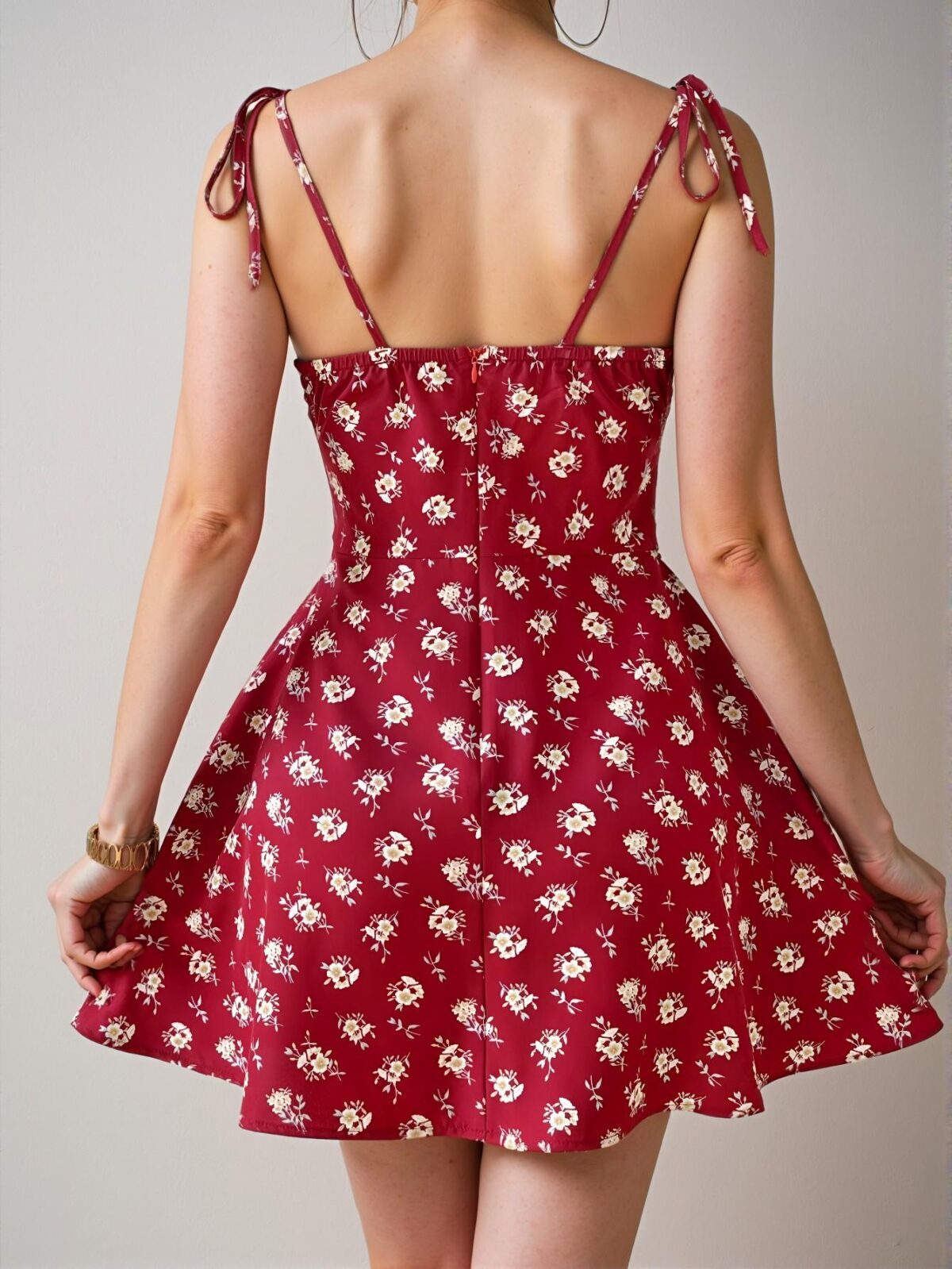 Elegant Red Boho Floral Ditsy Sundress with Shoulder Tie Straps for Stylish Spring and Summer Outings - Chic, Classy and Trendy Fashion Style to Dress to Impress - Image 2