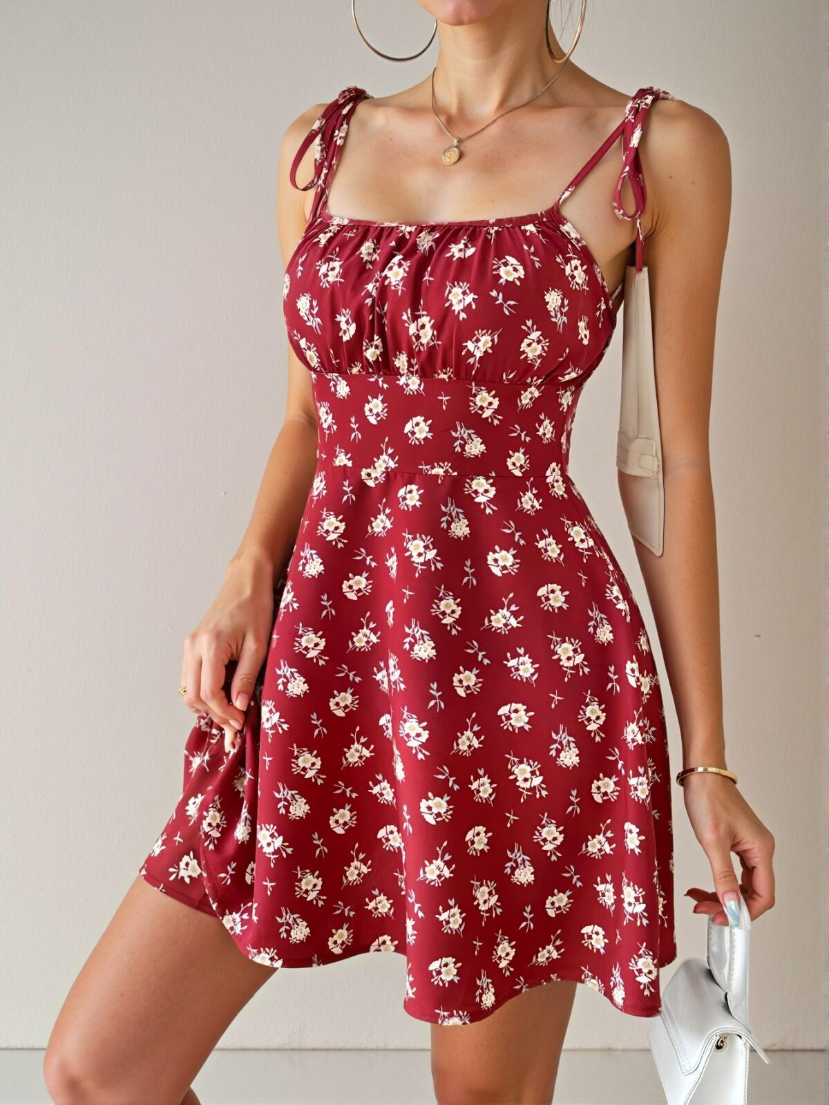 Elegant Red Boho Floral Ditsy Sundress with Shoulder Tie Straps for Stylish Spring and Summer Outings - Chic, Classy and Trendy Fashion Style to Dress to Impress - Image 5