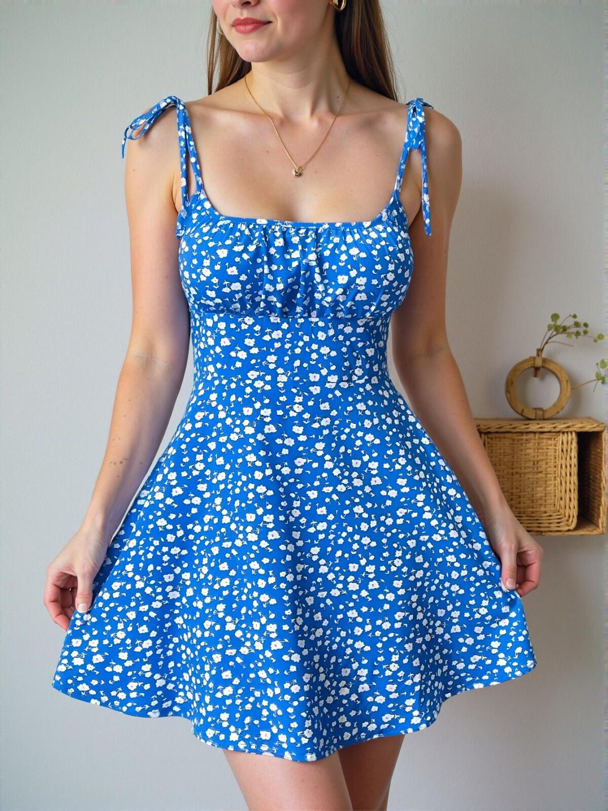 Chic Blue Floral Ditsy Printed High Waist Strappy Mini Sundress for Spring and Summer - Chic, Classy and Trendy Fashion Style to Dress to Impress