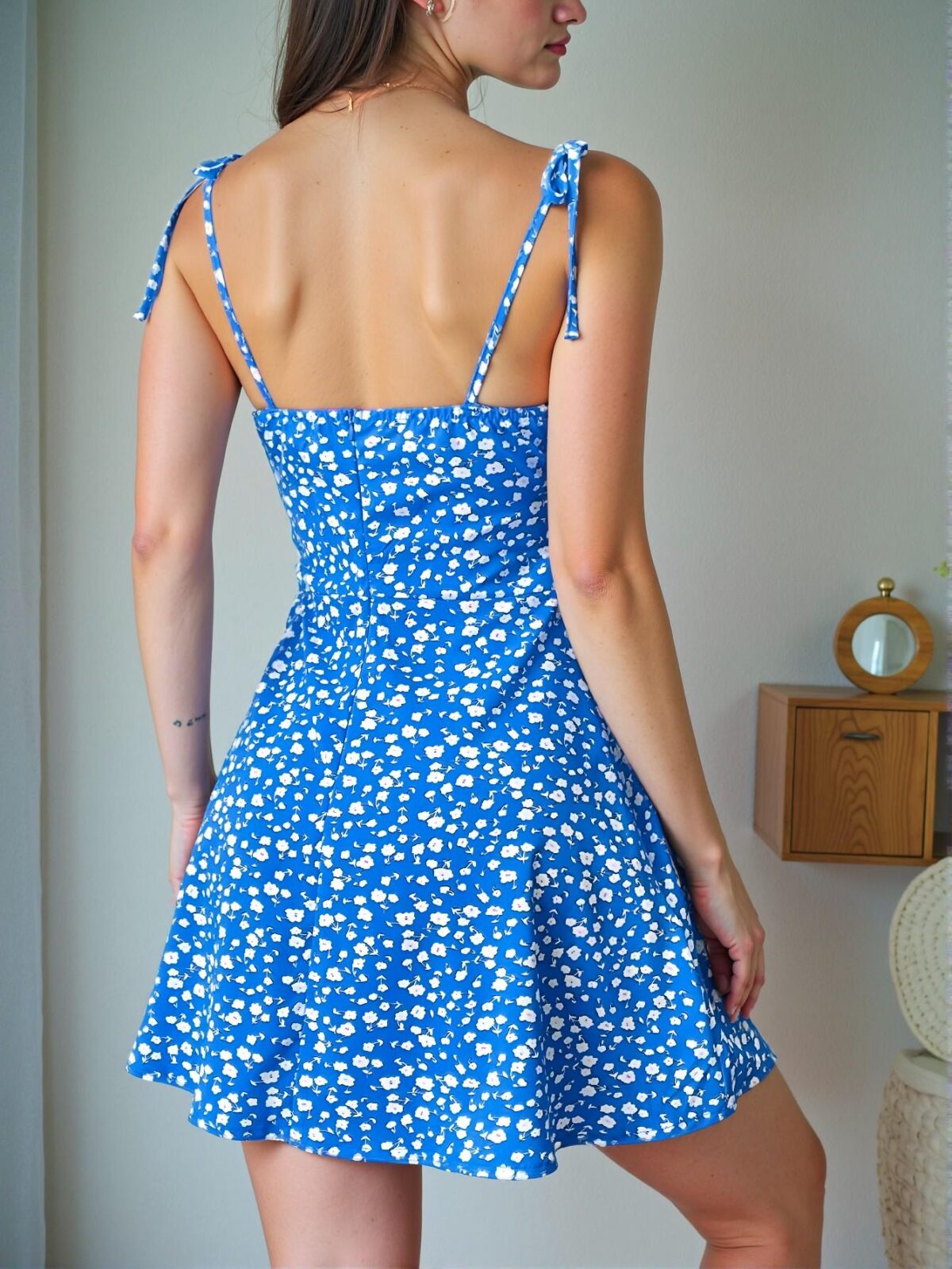 Chic Blue Floral Ditsy Printed High Waist Strappy Mini Sundress for Spring and Summer - Chic, Classy and Trendy Fashion Style to Dress to Impress - Image 2