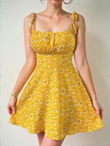 Elegant Yellow Floral Print Spaghetti Strap Mini Dress with Shoulder Ties for Spring and Summer "Chic, Classy and Trendy Fashion Style to Dress to Impress"