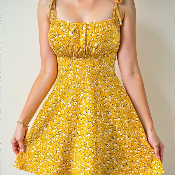 Elegant Yellow Floral Print Spaghetti Strap Mini Dress with Shoulder Ties for Spring and Summer "Chic, Classy and Trendy Fashion Style to Dress to Impress"