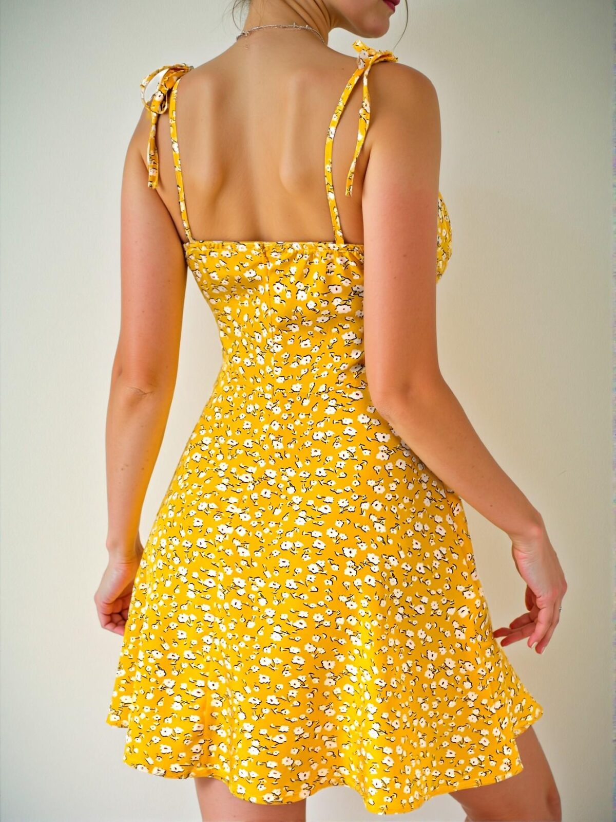 Elegant Yellow Floral Print Spaghetti Strap Mini Dress with Shoulder Ties for Spring and Summer "Chic, Classy and Trendy Fashion Style to Dress to Impress" - Image 2