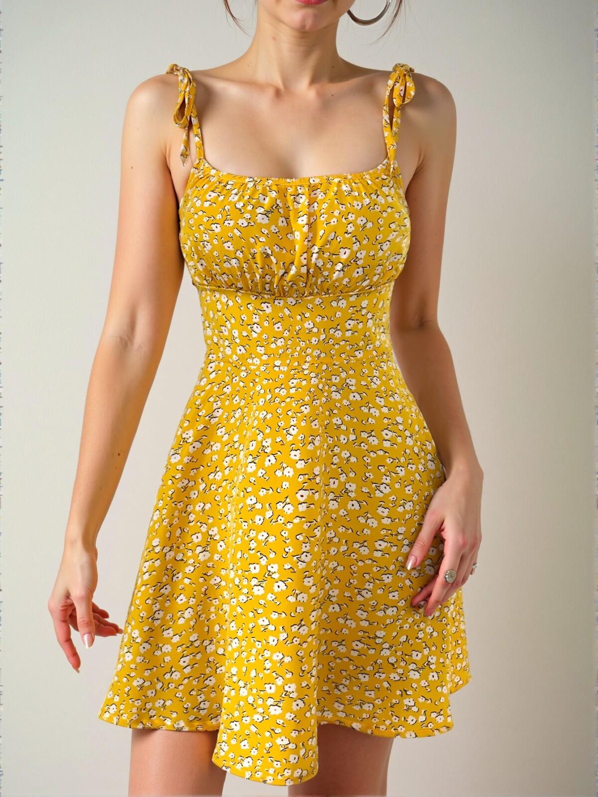 Elegant Yellow Floral Print Spaghetti Strap Mini Dress with Shoulder Ties for Spring and Summer "Chic, Classy and Trendy Fashion Style to Dress to Impress" - Image 3