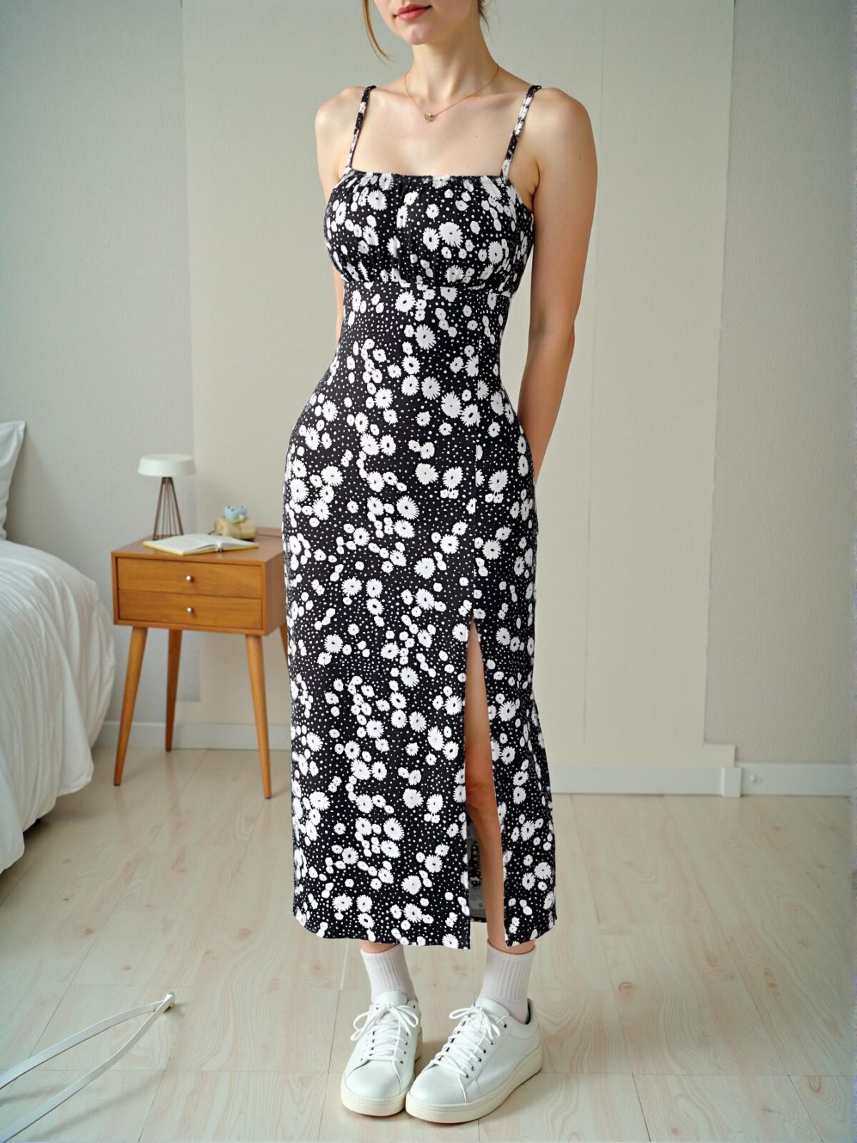 Elegant Black Floral Midi Slip Dress with Slit for Spring and Summer | Chic, Classy and Trendy Fashion Style to Dress to Impress - Image 3