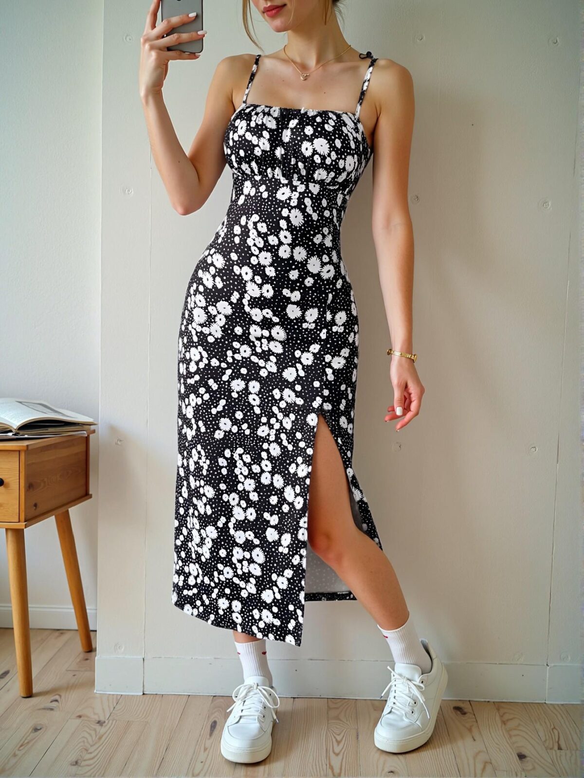 Elegant Black Floral Midi Slip Dress with Slit for Spring and Summer | Chic, Classy and Trendy Fashion Style to Dress to Impress - Image 5