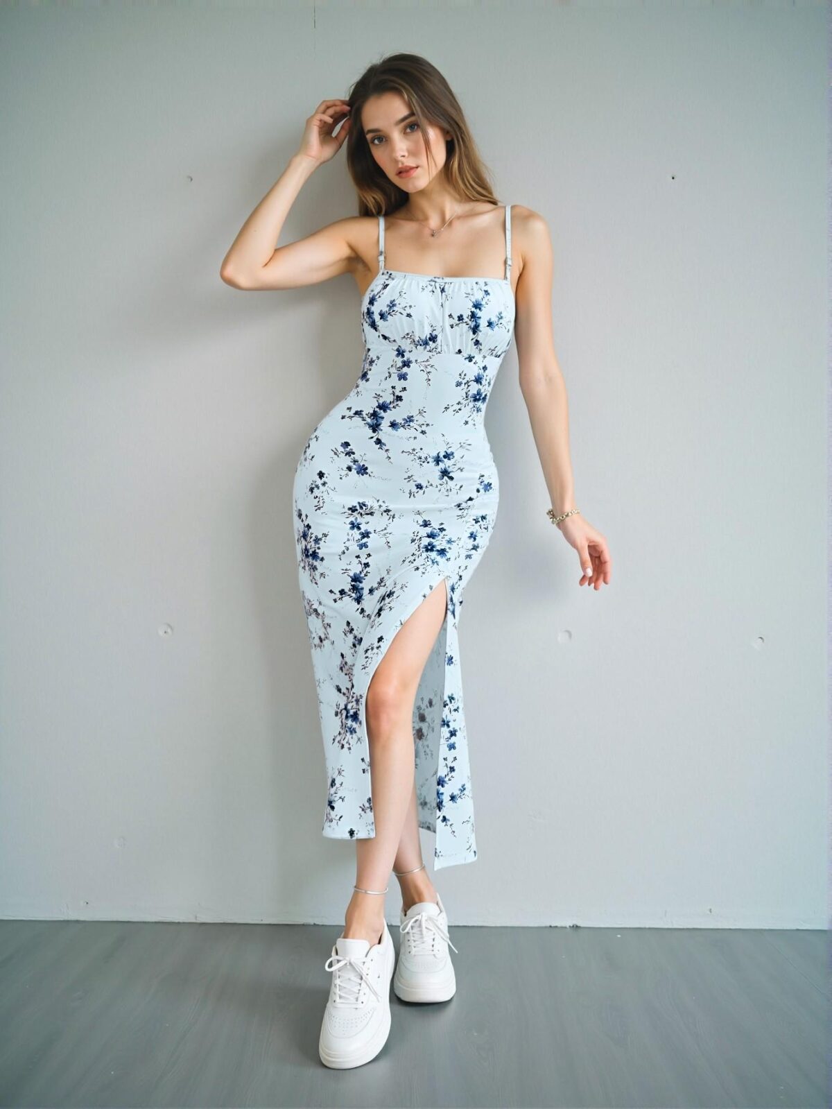 "Elegant Blue Floral Print High Slit Spaghetti Strap Midi Dress Perfect for Spring and Summer Events - Chic, Classy and Trendy Fashion Style to Dress to Impress"