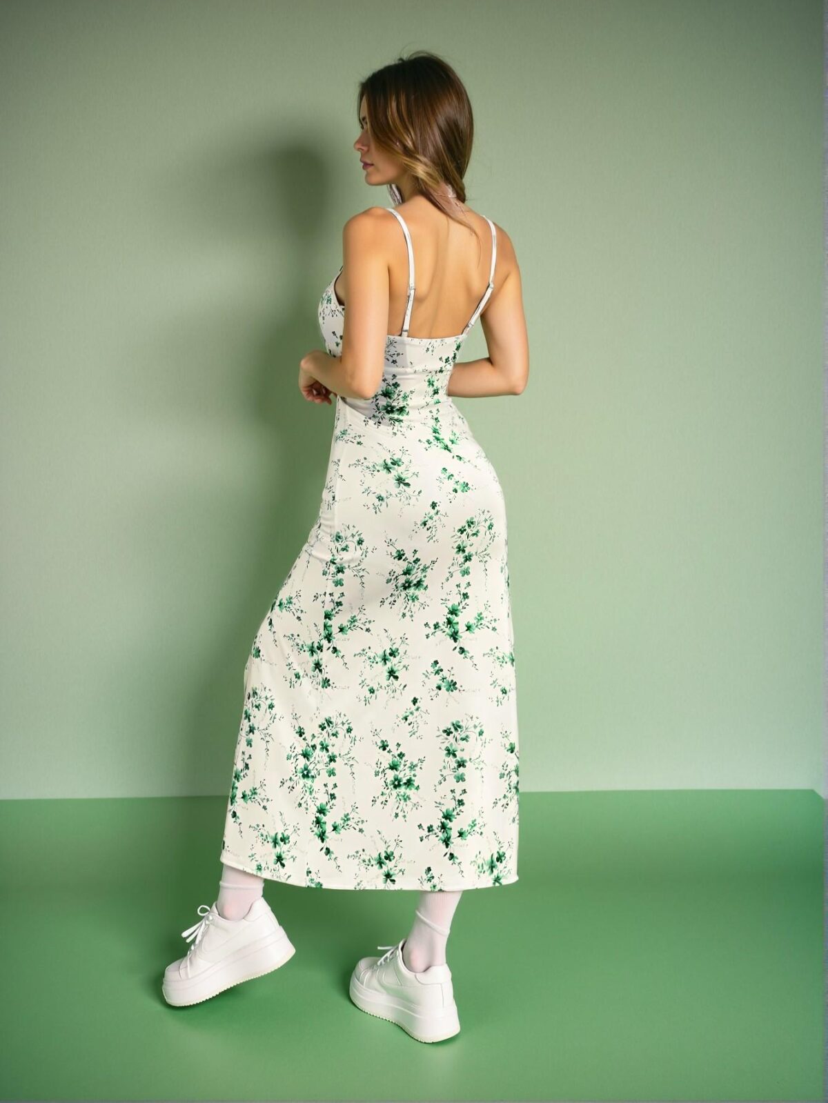 Elegant Green Boho Floral Print High Slit Slip Midi Dress, Ideal Summer Style for Weddings and Special Occasions, Chic, Classy and Trendy Fashion Style to Dress to Impress - Image 2