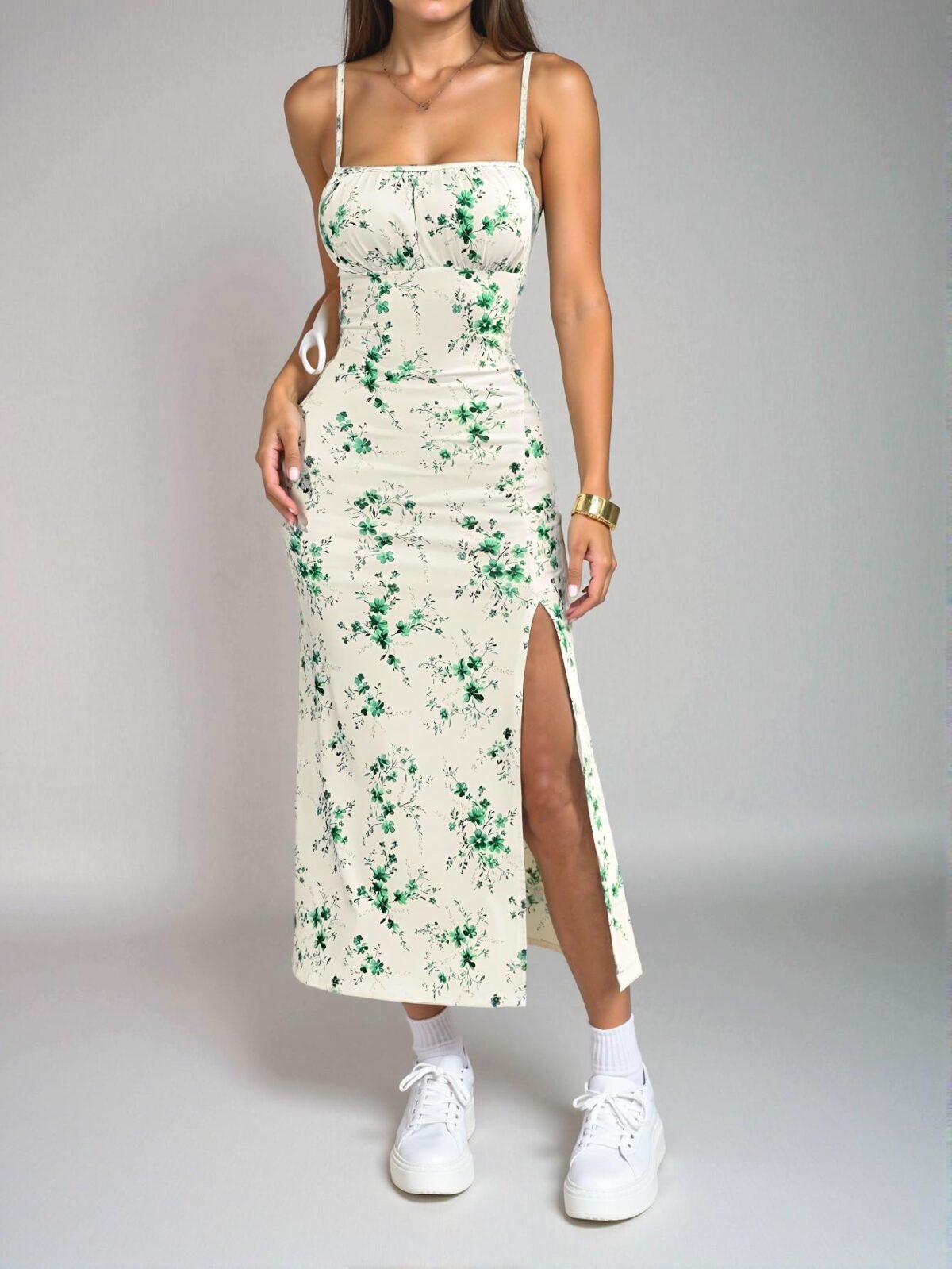Elegant Green Boho Floral Print High Slit Slip Midi Dress, Ideal Summer Style for Weddings and Special Occasions, Chic, Classy and Trendy Fashion Style to Dress to Impress - Image 3
