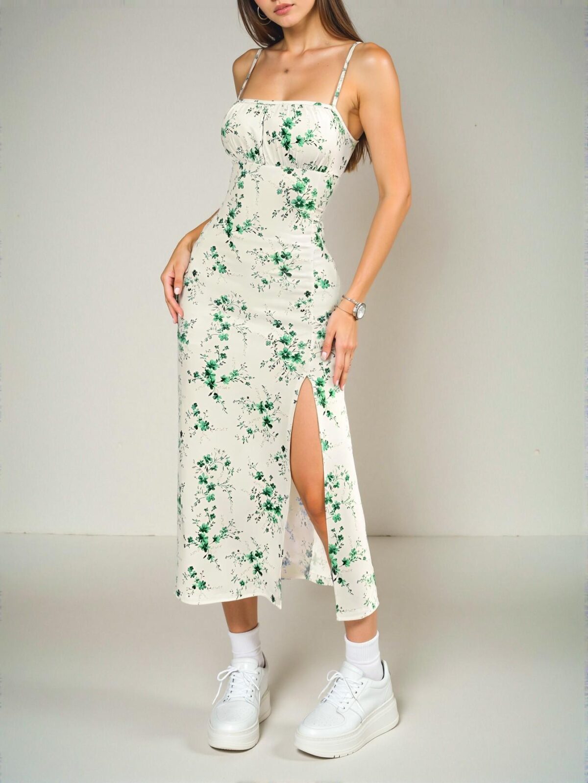 Elegant Green Boho Floral Print High Slit Slip Midi Dress, Ideal Summer Style for Weddings and Special Occasions, Chic, Classy and Trendy Fashion Style to Dress to Impress - Image 4