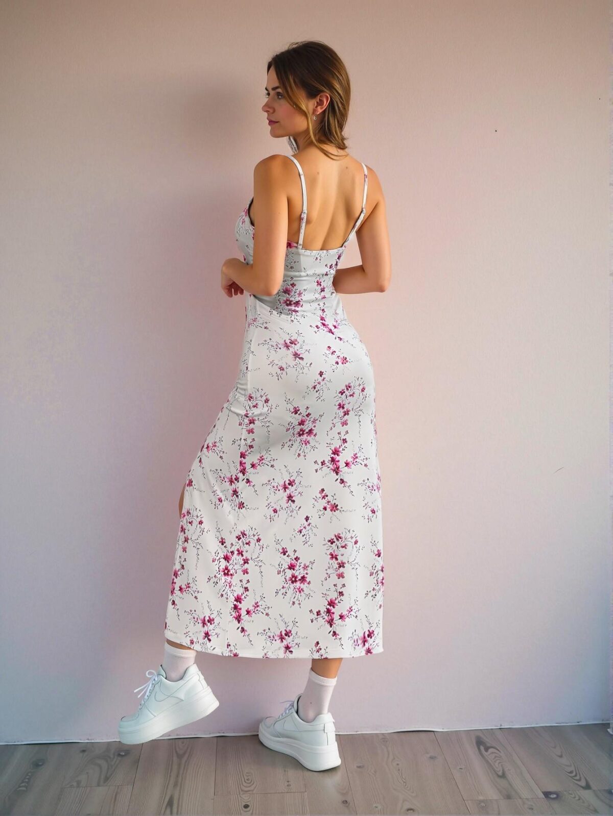 Elegant Pink Floral Print Midi Cami Dress for Spring and Summer – Chic, Classy, and Trendy Fashion Style to Dress to Impress - Image 2